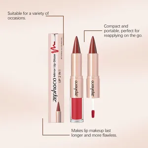 Zephoco 2-in-1 mirror lip glaze featuring brick red lipstick and liquid gloss.
