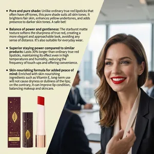 Detailed view of matte red lipstick with lifestyle model and product feature descriptions