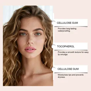 Detailweergave van voedende lipgloss-ingrediënten met model met een roze matte lippenstift