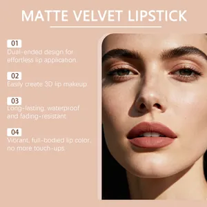 Detailed close-up of matte velvet lipstick on model's lips showing a smooth texture.