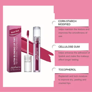 Dettagli ingredienti del lip tint Zephoco Rose Red con tocoferolo e vitamina E.