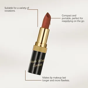 Detail view of matte velvet lipstick in orange-red with descriptive English callouts
