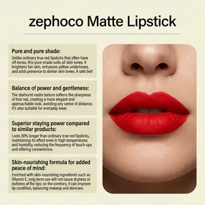 Close-up of Zephoco matte lipstick in pure red shade with feature descriptions