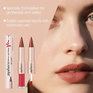 Close-up of zephoco 2-in-1 mirror lip glaze in brick red applied to lips for detail view