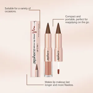 Detalle del brillo de labios espejo 2 en 1 Zephoco color cacao nude y su caja de empaque