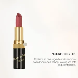 Detail of pink matte velvet lipstick bullet with nourishing lip care description