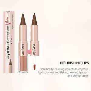 Primer plano del brillo de labios espejo 2 en 1 con tonos cacao y nude nutritivos