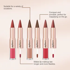 Close-up van de dubbelzijdige lippenstiftset met verschillende kleuropties.