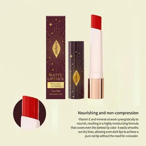 Detail view of Zephoco matte lipstick in true red with starburst design packaging