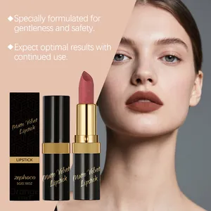 Close-up of Zephoco matte velvet lipstick in orange red with professional model showcase