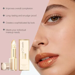 Detail view of gold leaf color-changing lipstick and smudge-proof lip effect on model