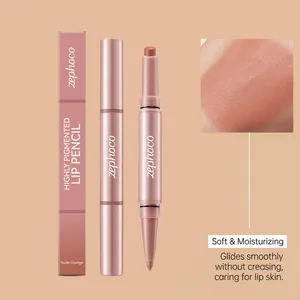 Detaillierte Ansicht des zephoco Nude Orange Lippenstifts mit Verpackung und Swatch