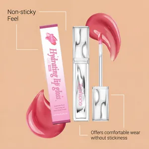 Detailed close-up of Zephoco hydrating lip gloss in nude pink with gel swatches