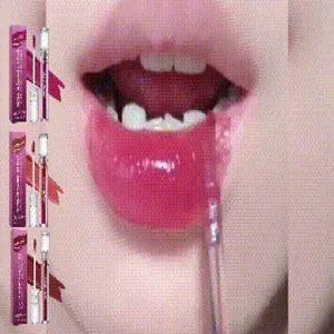 Macro view of moisturizing lip gloss being applied on lips with product packaging.