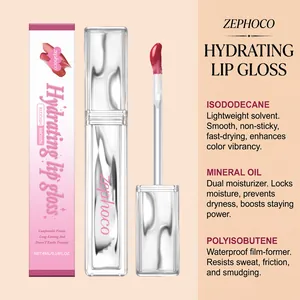 Detailed view of ZEPHOCO hydrating lip gloss in reddish brown with ingredient benefits