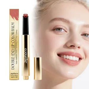 Long-lasting hydrating lip color balm by zephoco in Honey Beige with model makeup shot