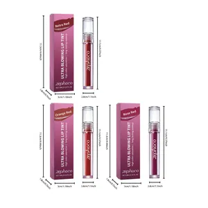 Detailed dimensions and product packaging for Zephoco lip tint in three vibrant shades