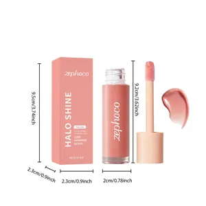 Detailed view of Zephoco nude pink shimmer lip gloss with product dimensions