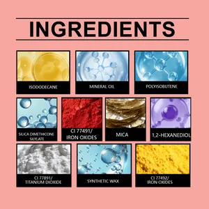 Professional lip glaze ingredient chart featuring mineral oil and natural mineral pigments.