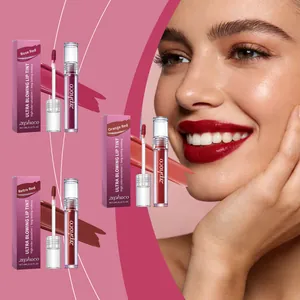 Close-up of Zephoco liquid lip tint shades and model's vibrant red smile showcase detail