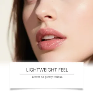 Detailed close-up of glossy pink lip gloss with a lightweight and non-greasy feel