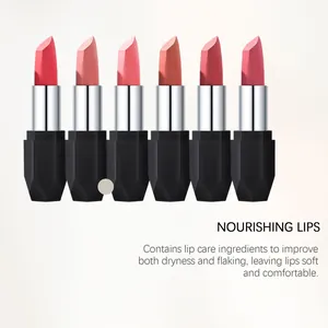 Detailansicht von sechs matten Lippenstiften mit pflegenden Lippenpflege-Inhaltsstoffen