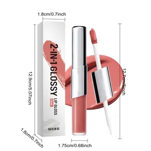 Brillo de labios 2 en 1 coral con dimensiones precisas del producto y el empaque