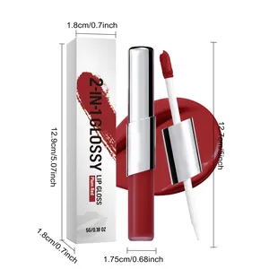 Detail view of 2-in-1 plum red glossy lip gloss with precise product dimensions.