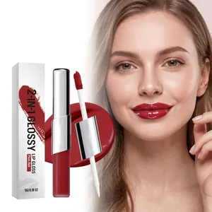 2-In-1 Plum Red Glossy Lip Gloss Long Wearing Nourishing Shiny Liquid Lipstick Dual End Lip Makeup For Women Daily Office Use