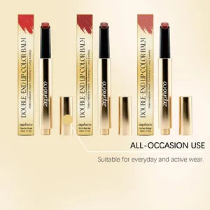 Detail view of zephoco hydrating lip color balm set featuring three versatile shades