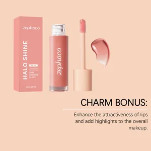 Close-up of Zephoco nude pink halo shine lip gloss with texture swatch and box