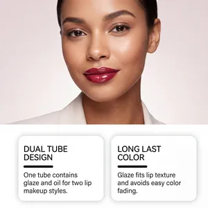 Detail view of plum red glossy lip glaze showing long-lasting and hydrating texture