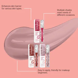 Detailed view of Zephoco shiny lip gloss series showcasing various shades and smooth texture.