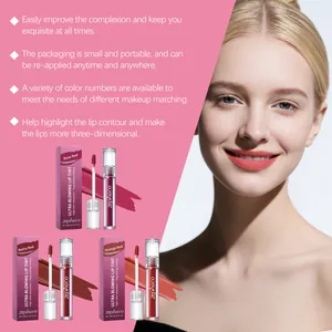 Detail view of Zephoco lip tint showing Rose, Retro, and Orange Red shades on model