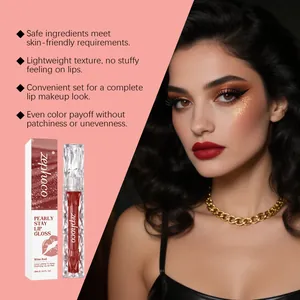 Detalle del brillo de labios perlado Zephoco rojo vino con efecto de maquillaje profesional