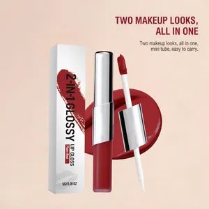 Detail view of 2-in-1 plum red glossy lip gloss with box packaging and applicator