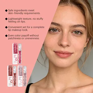 Detailed view of Zephoco Pearly Stay Lip Gloss set featuring model's natural makeup look