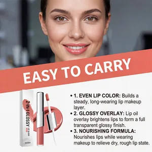 Brillo de labios coral 2 en 1 con rostro de modelo y características del producto