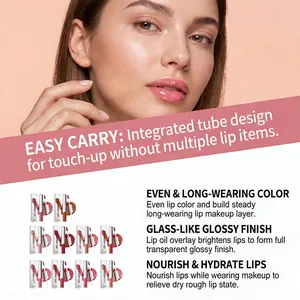 Gedetailleerde kenmerken van 2-in-1 glanzende lipgloss met hydraterende voordelen.
