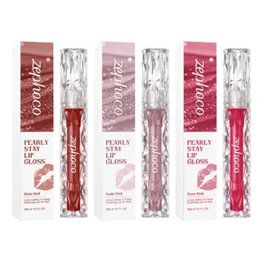 Zephoco Pearly Stay Lip Gloss set featuring Wine Red, Nude Pink, and Rose Pink shades.