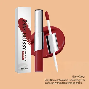 2-in-1 plum red glossy lip gloss with integrated tube for easy touch-ups.