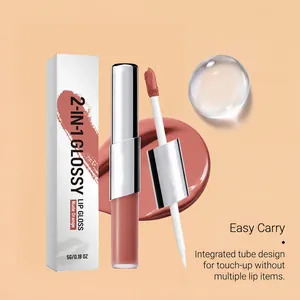 Detail eines 2-in-1 Glanz-Lipgloss in Nude Orange mit integriertem Tubendesign zum Mitnehmen.