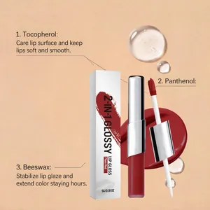 High-shine 2-in-1 Plum Red glossy lip gloss featuring nourishing tocopherol and beeswax ingredients.