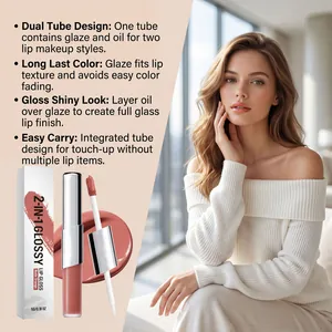 Detailansicht des 2-in-1 Glossy Lipgloss in Nude Orange mit beidseitigem Tubendesign.
