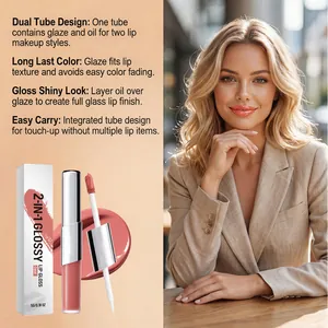 Detalle de brillo de labios coral 2 en 1 con diseño de doble tubo para un acabado brillante.