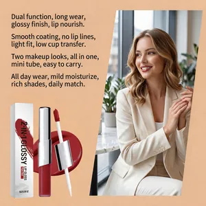 Detailed view of Plum Red 2-in-1 glossy lip gloss with moisturizing finish and lifestyle shot