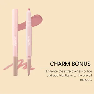 Detail des doppelseitigen Lippenkonturenstifts mit glatten Creme- und Linien-Farbmustern.