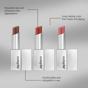Detail view of three Zephoco lip glazes showing long-lasting colors and smooth texture.