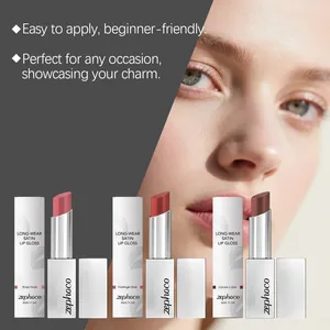 Detailed view of Zephoco satin lip gloss shades including Rose Pink and Vintage Red