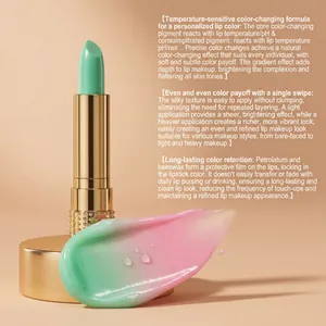 Detalle de la textura del labial que cambia de color con degradado verde a rosa.